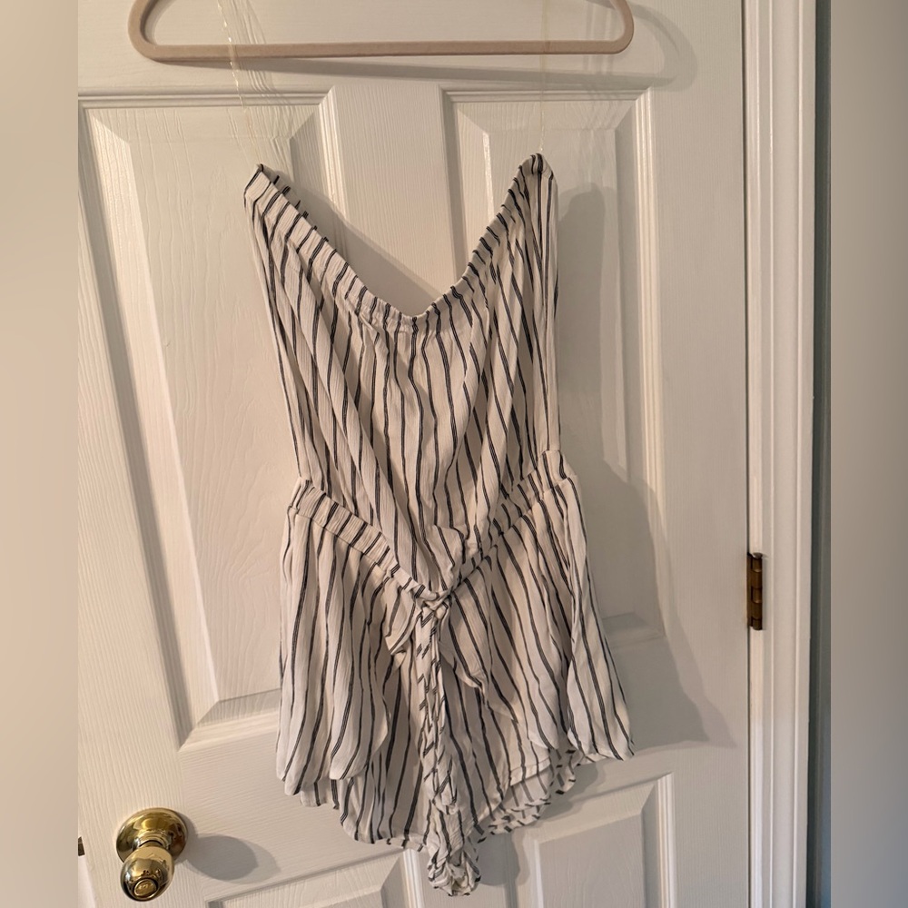 Black and white striped strapless romper